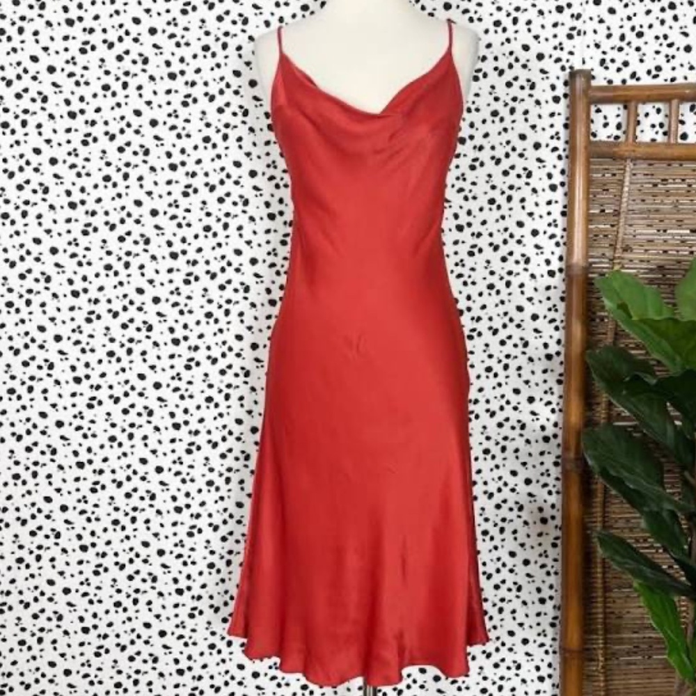 LOFT Rust / Bent Orange Cowl Neck Satin Midi Slip Dress S/M -2